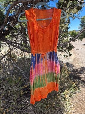 Bright Orange Tie-Dye Midi Dress with Scoop Neck